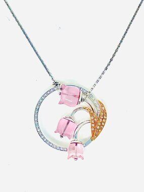 Lalique Muguet 18K Gold Diamond Necklace Pink Glass Lily of the Valley Pendant